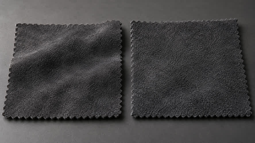 Two charcoal suede-like microfiber swatches shown under equal studio lighting