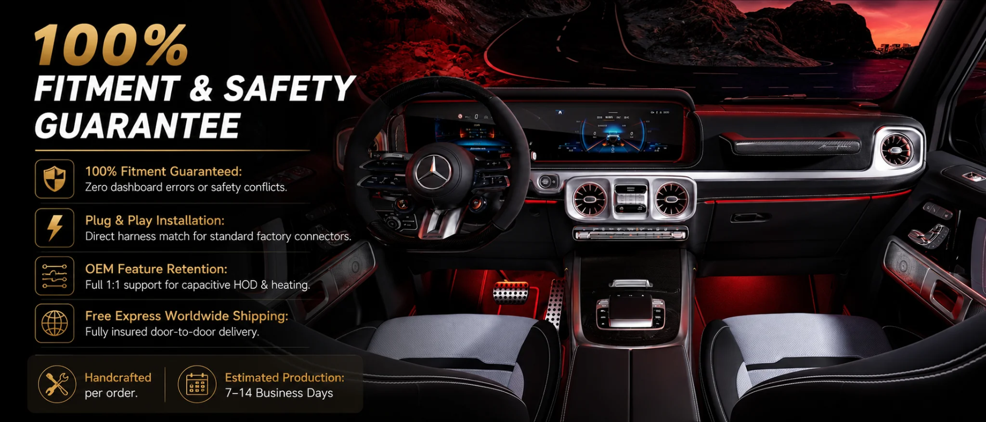 Mercedes-Benz G63 custom carbon fiber steering wheel with OEM fitment, plug-and-play installation, HOD support and heated steering wheel retention.
