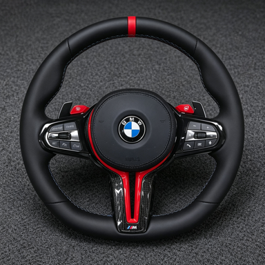 BMW M Sport Steering Wheel 3 Series M3 G20 G21 G28 G80 G81 2019-2025 Leather Red Trim with Carbon Fiber Paddle Shifters