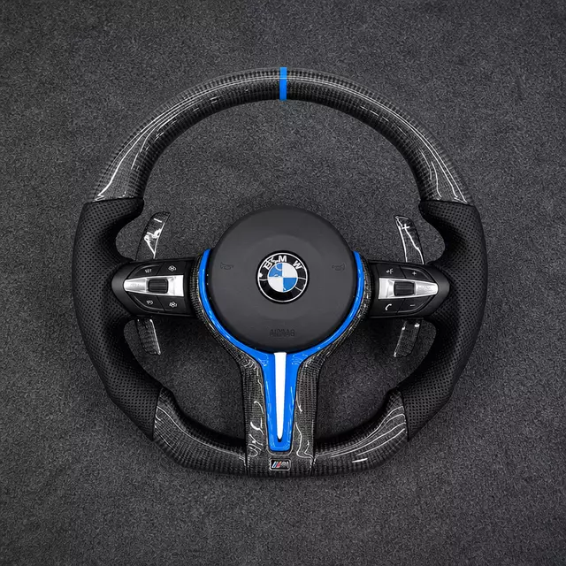 BMW 7 Series F01 F02 Carbon Fiber Steering Wheel with Blue Stripe and Trim