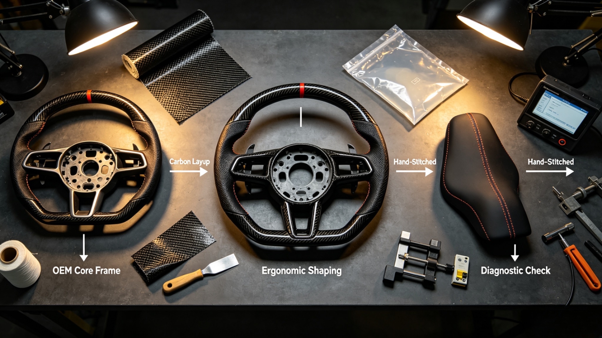 Handcrafted carbon fiber steering wheel manufacturing process: OEM core frame, carbon layup, ergonomic shaping, stitching and diagnostic check