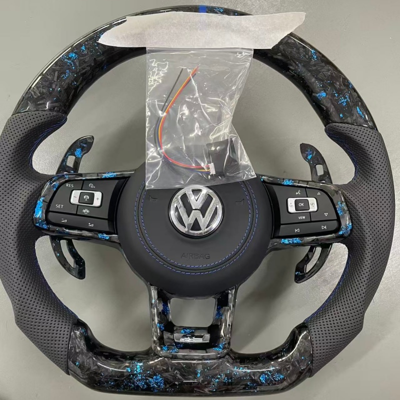 Detail view of sport VW steering wheel, premium material car interior modification part