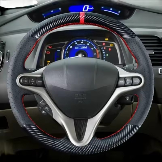 Steering Wheel Cover For Honda Civic 8 Old Civic Type R 2004 2005 2006-2011 (3-Spoke) Carbon Fiber Leather Interior Accessories