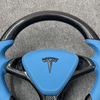 Tesla custom real carbon fiber steering wheel glossy carbon fiber spliced with sea blue Nappa genuine leather Model X steering wheel