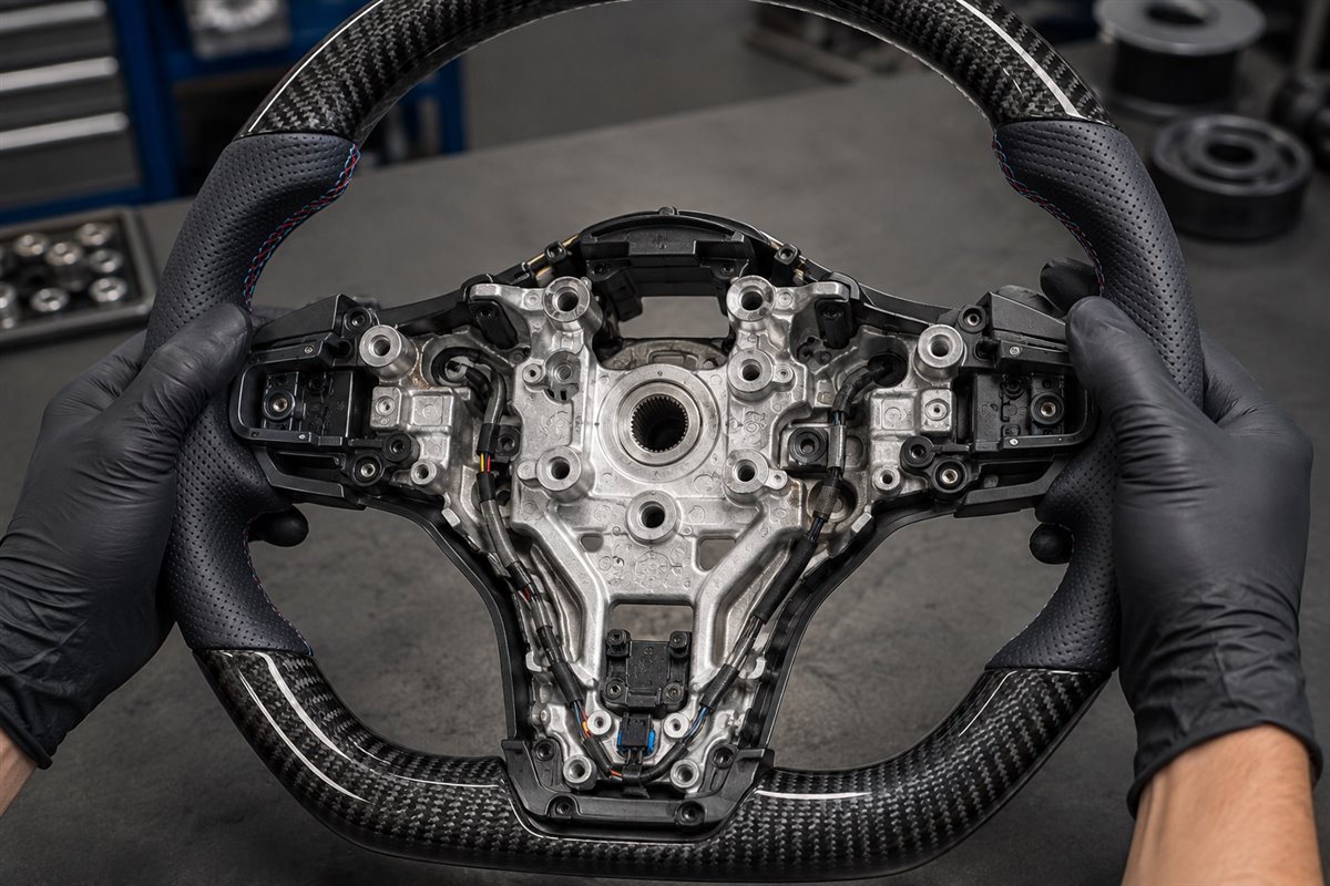 Rear hub and spline details on a BMW F82 M4 steering wheel donor core prepared for fitment verification.