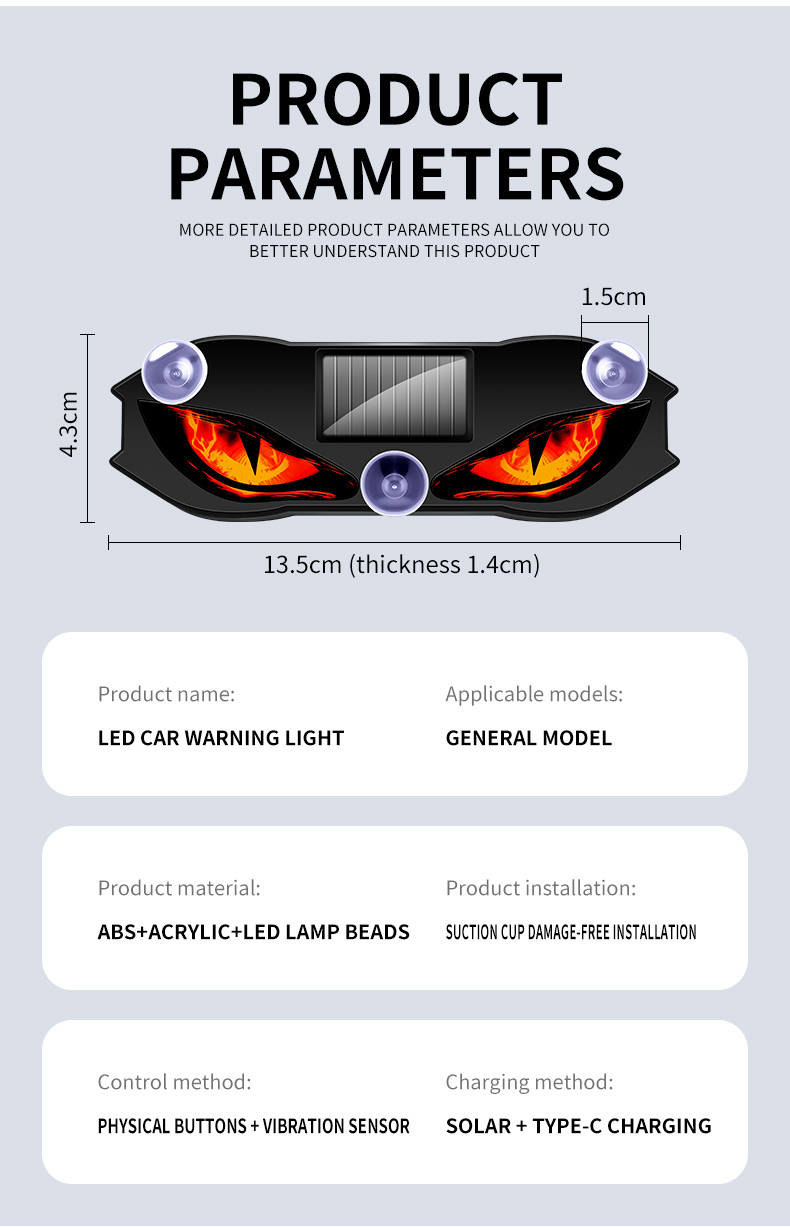 Wireless Solar Demon Eyes LED Car Warning Light, No Drill Solar USB Recharge Devil Eye Strobe Lamp for Windshield Rear Window