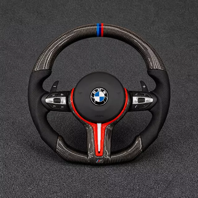 Real Carbon Fiber Steering Wheel for BMW F30 F80 M3 with M-Stripe and Red Trim