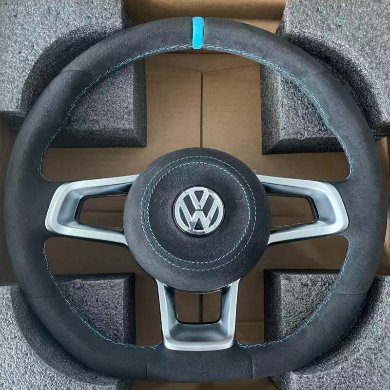 Detail view of sport VW steering wheel, premium material car interior modification part