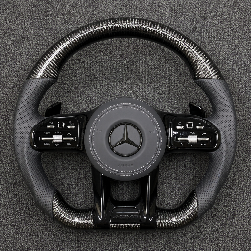 Mercedes A B C E S GLC GLE 2003-2026 W203-W206 W211-W214 Nappa Alcantara Custom Real Carbon Fiber LED AMG Wheel -YINGGENE 