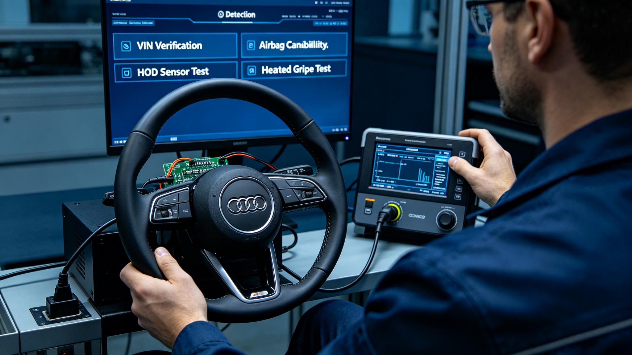 Professional electronic diagnostic testing for Audi custom steering wheel: VIN verification, airbag compatibility, HOD sensor test, heated grip test