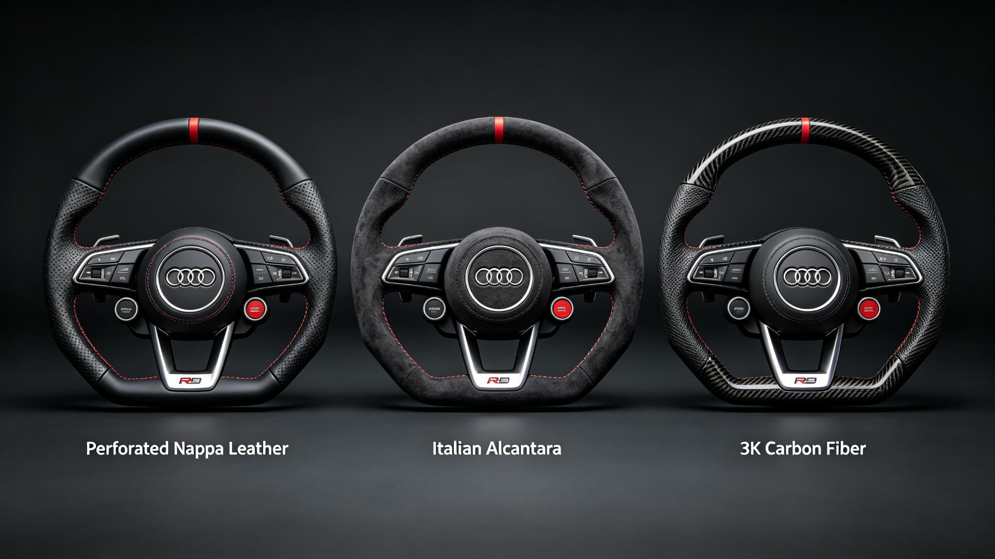 Three Audi R8 custom steering wheels side by side: Perforated Nappa Leather, Italian Alcantara, and 3K Carbon Fiber