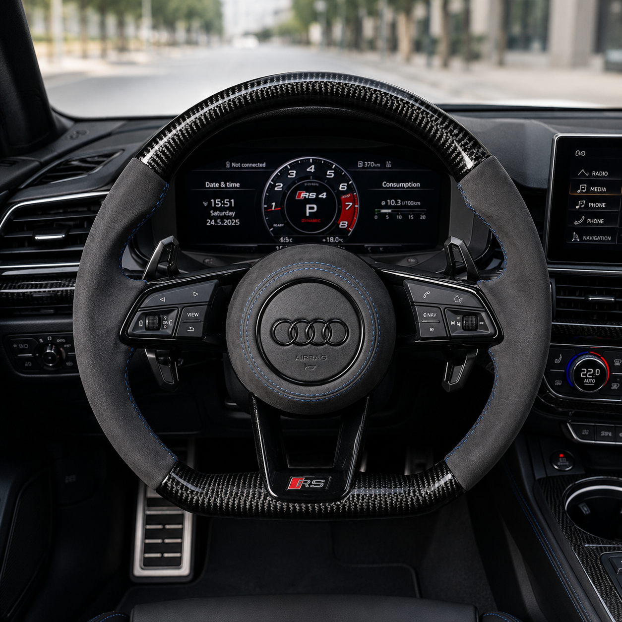 Matte Carbon Fiber Audi RS4 RS6 TT Steering Wheel with Alcantara Stitching