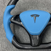 Tesla custom real carbon fiber steering wheel glossy carbon fiber spliced with sea blue Nappa genuine leather Model X steering wheel