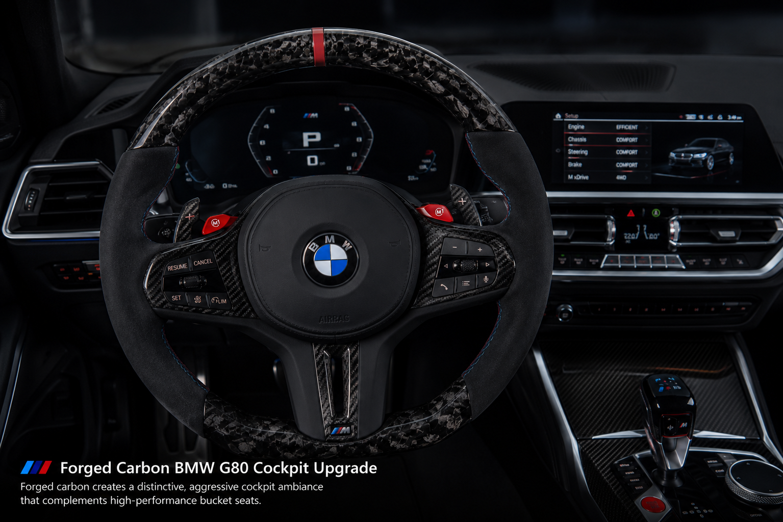  Custom forged carbon BMW G80 M3 steering wheel with red M-buttons and black Alcantara grips.