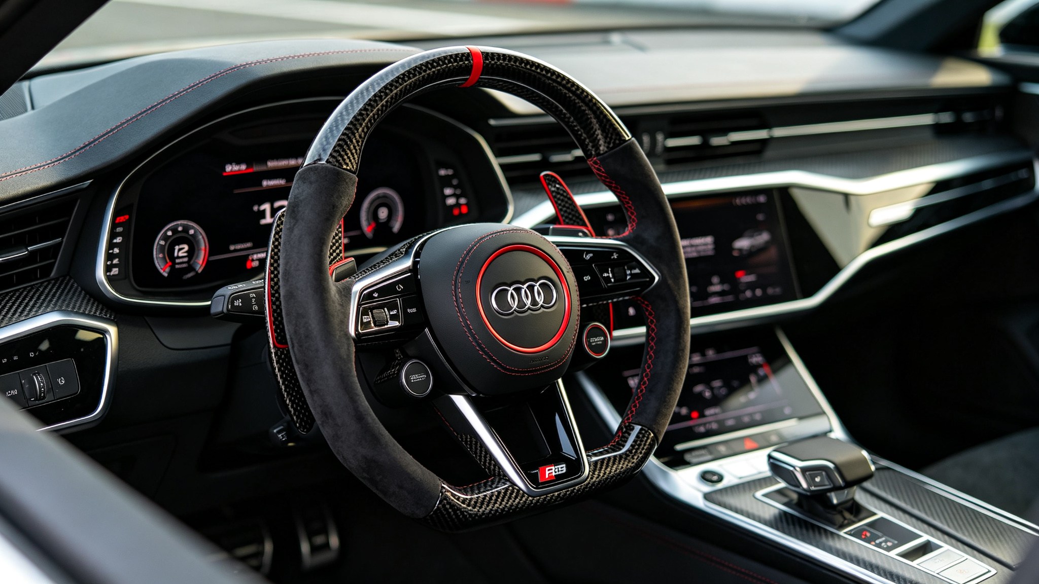Audi RS6 Avant interior with custom forged carbon fiber steering wheel, Alcantara grips and extended paddle shifters
