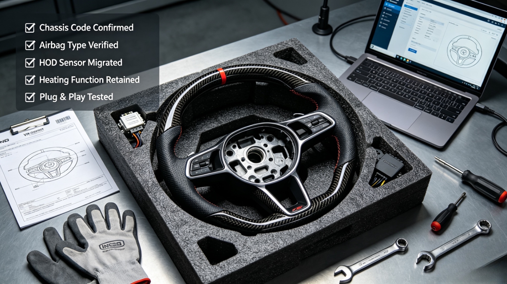Pre-purchase checklist for Mercedes-Benz custom steering wheel upgrade, including chassis code, airbag type, HOD sensor and heating function
