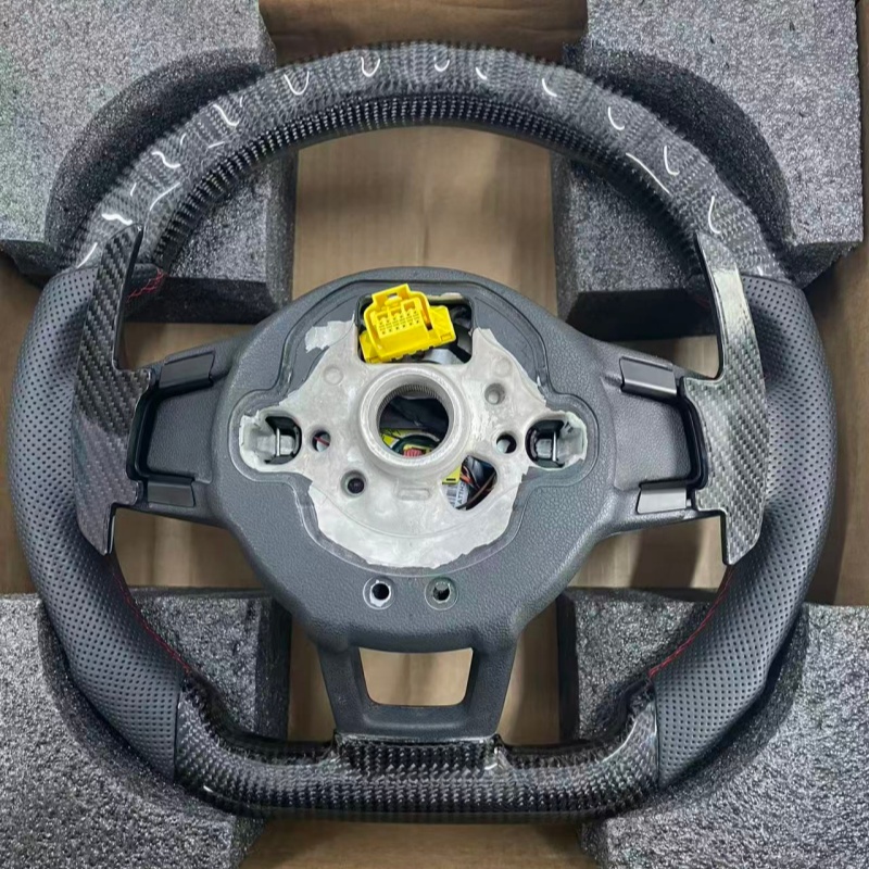 Detail view of sport VW steering wheel, premium material car interior modification part