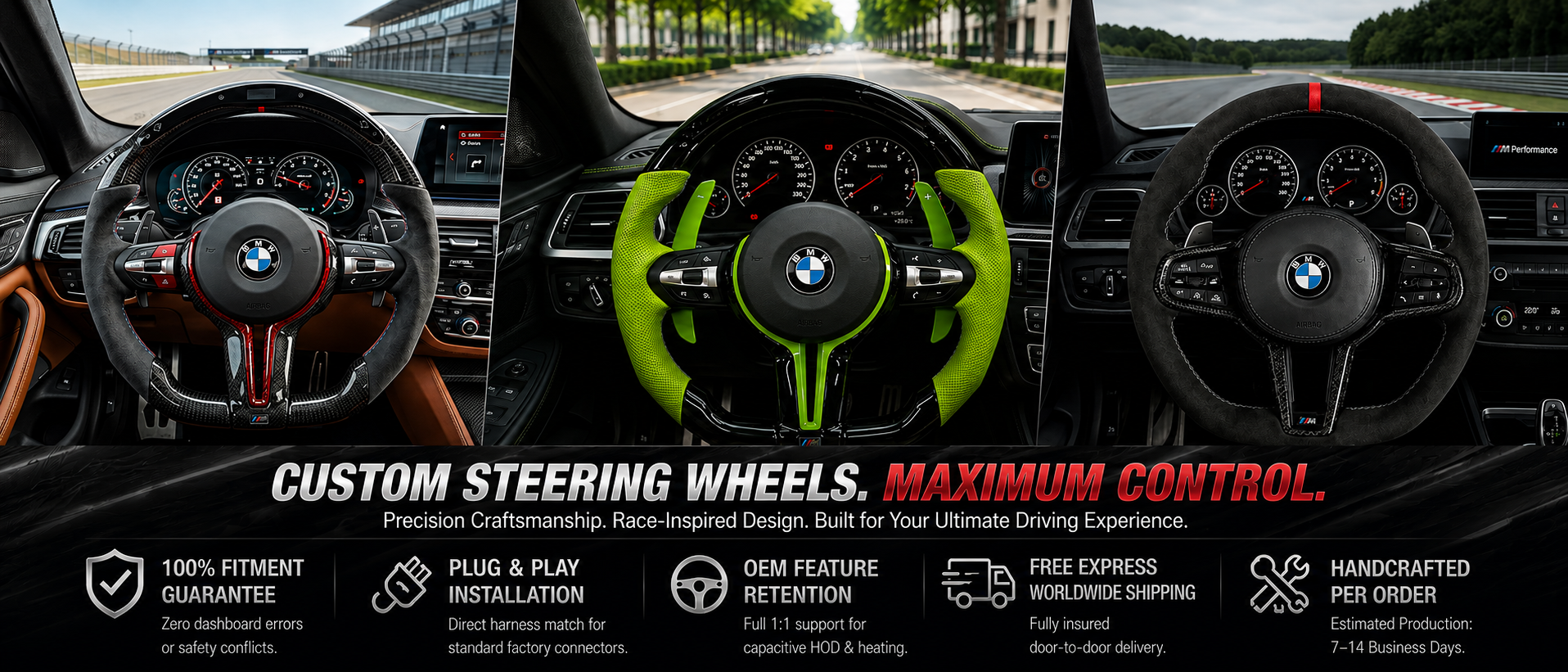 BMW custom carbon fiber steering wheel collection featuring Alcantara, leather and performance upgrades.