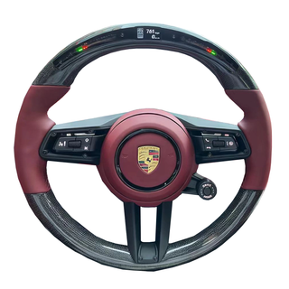 Porsche 911 Cocoa Tayneen Custom Carbon Fiber Steering Wheel with LED Shift Lights and Bordeaux Red Nappa Leather Stitching