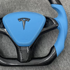 Tesla custom real carbon fiber steering wheel glossy carbon fiber spliced with sea blue Nappa genuine leather Model X steering wheel