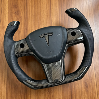  Tesla Custom Real Carbon Fiber Spliced Nappa Genuine Leather YOKE Steering Wheel for Model 3 Y Ergonomic Customization