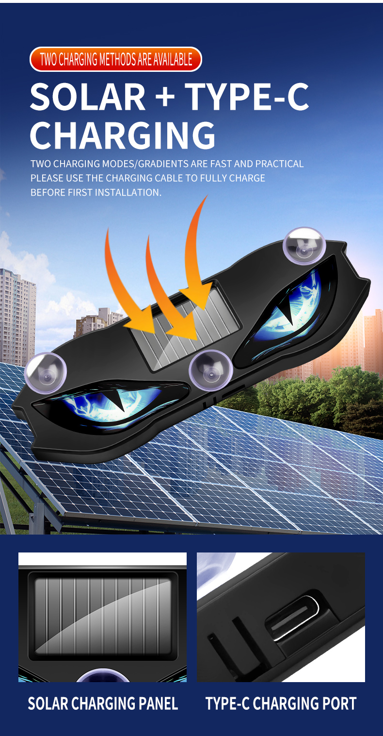Car rear window installed solar demon eye warning light, LED flicker strobe devil eyes ambient light night driving safety reminder decorative lamp