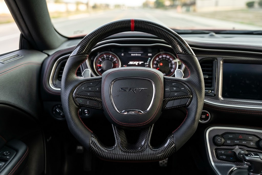 Custom black carbon fiber SRT steering wheel with red stitching installed in Dodge Challenger cockpit.