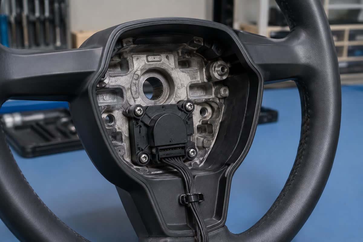 Rear view of a Porsche-style steering wheel spoke showing the Sport Chrono switch module, retaining fasteners and routed connector harness.