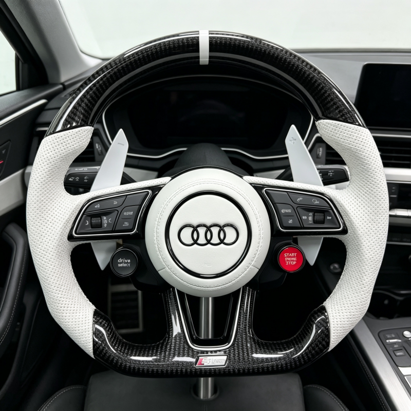 Multi functional Audi steering wheel, ergonomically designed, suitable for interior upgrades as a replacement steering wheel.