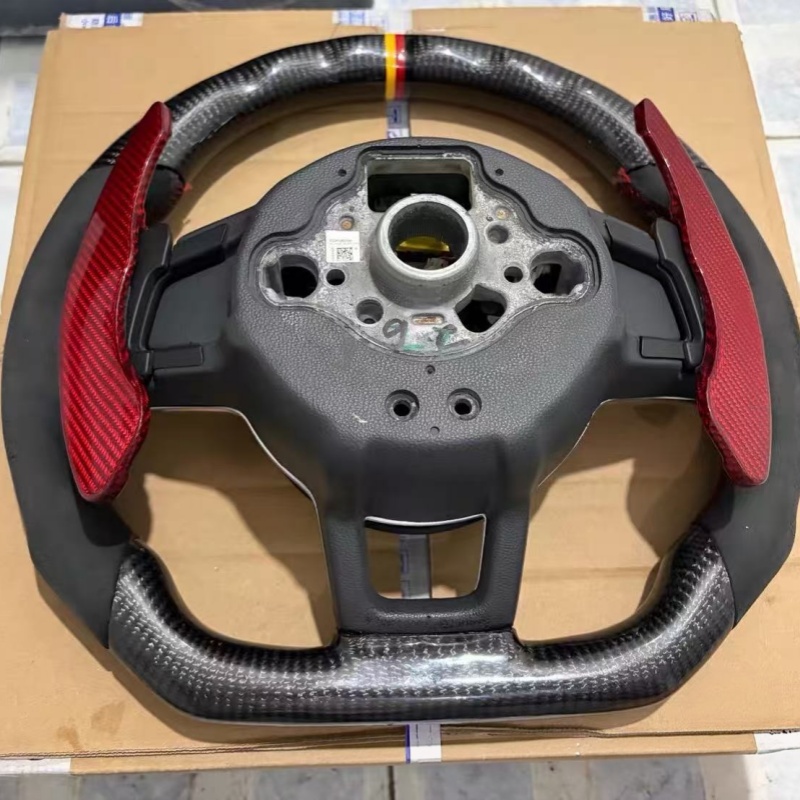 Detail view of sport VW steering wheel, premium material car interior modification part