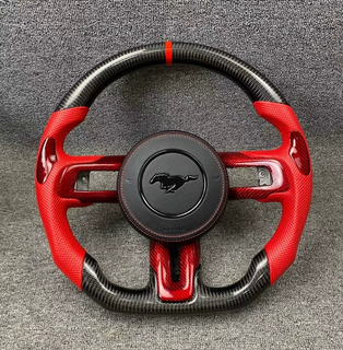 Ford Custom Real Carbon Fiber Mustang Steering Wheel Red Nappa Leather Custom 12 O'clock Ring Ford Steering Wheel