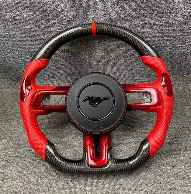 Ford Custom Real Carbon Fiber Mustang Steering Wheel Red Nappa Leather Custom 12 O'clock Ring Ford Steering Wheel