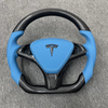 Tesla custom real carbon fiber steering wheel glossy carbon fiber spliced with sea blue Nappa genuine leather Model X steering wheel