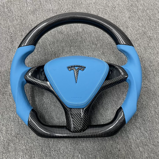 Tesla custom real carbon fiber steering wheel glossy carbon fiber spliced with sea blue Nappa genuine leather Model X steering wheel