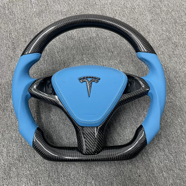Tesla custom real carbon fiber steering wheel glossy carbon fiber spliced with sea blue Nappa genuine leather Model X steering wheel