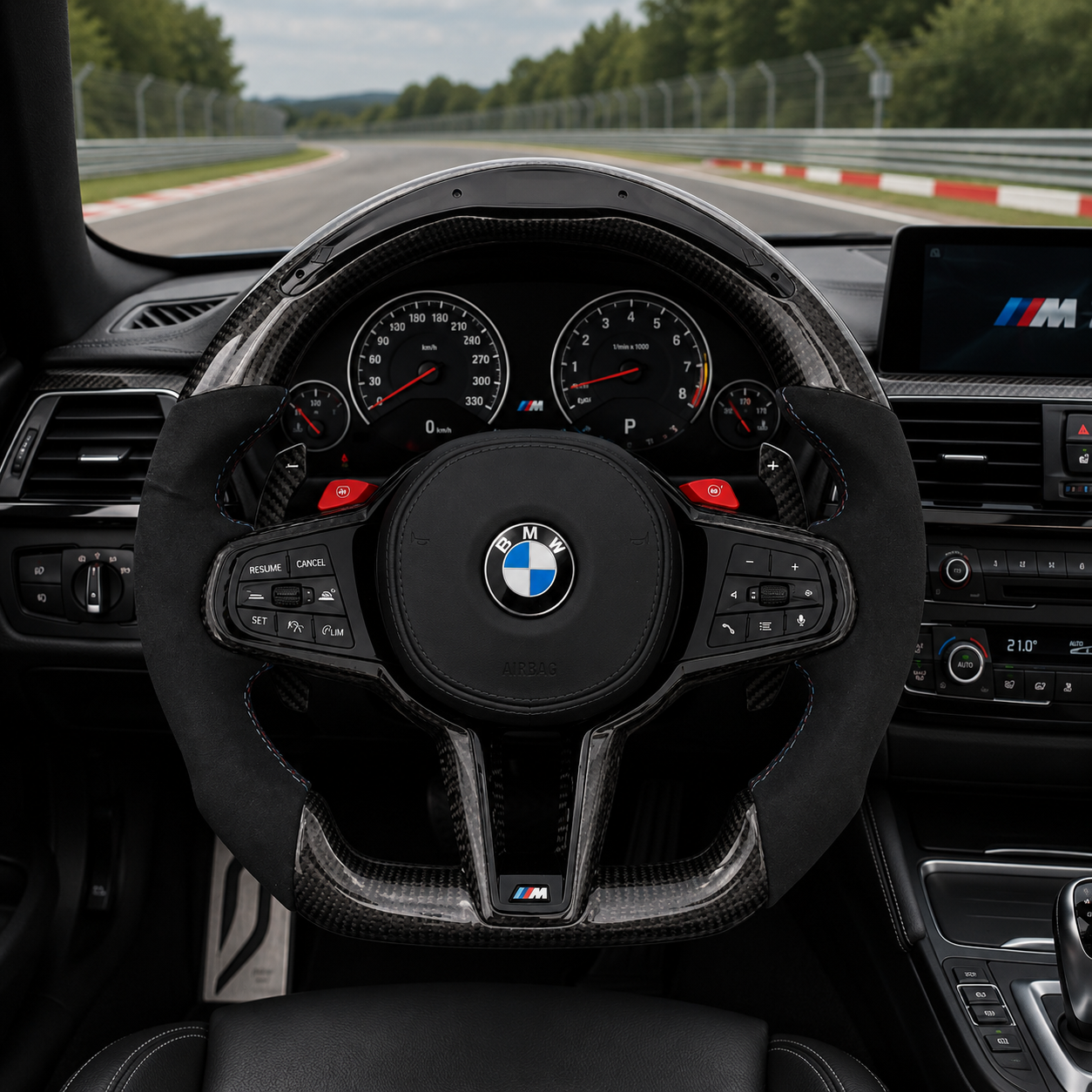 Custom BMW F80 G80 steering wheel installed in an M3 featuring forged carbon and red center stripe.
