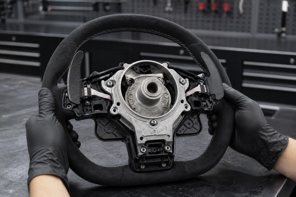 Rear view of a Porsche-style steering wheel core showing the hub, column interface, paddle mounts and wiring during a fitment check.