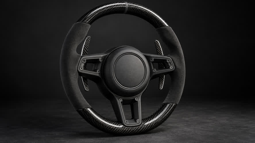 Illustrative custom steering wheel with charcoal grips and extended carbon paddles behind the spokes