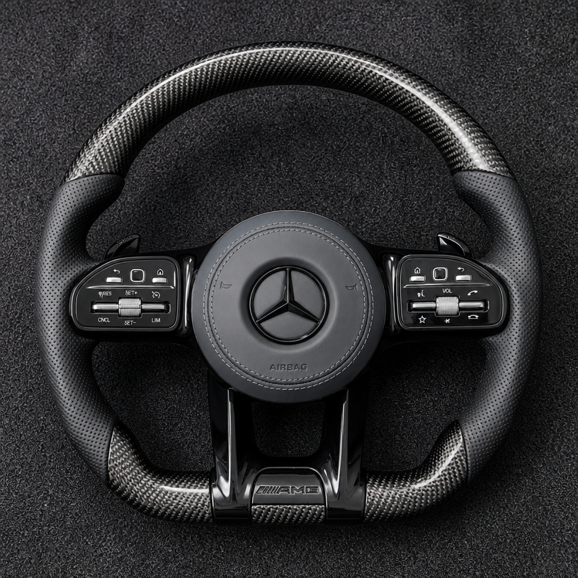 Mercedes A B C E S GLC GLE 2003-2026 W203-W206 W211-W214 Nappa Alcantara Custom Real Carbon Fiber LED AMG Wheel -YINGGENE 
