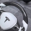 Real Carbon Fiber Steering Wheel for Tesla Model 3 Y S X with White Leather Airbag Cover