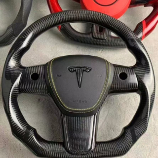 Tesla Custom Real Carbon Fiber Model 3 Y X S Steering Wheel with Leather Airbag Cover