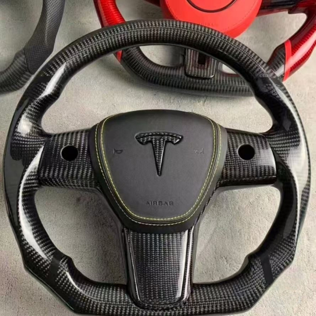 Tesla Custom Real Carbon Fiber Model 3 Y X S Steering Wheel with Leather Airbag Cover