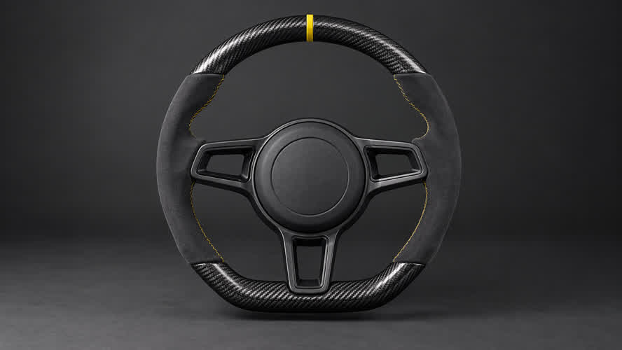 Illustrative Porsche 718-style custom steering wheel with carbon sections, charcoal grips and yellow centre marker
