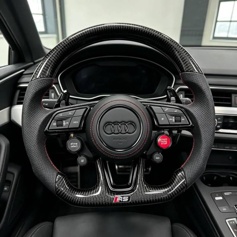Multi functional Audi steering wheel, ergonomically designed, suitable for interior upgrades as a replacement steering wheel.