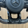 High quality Mercedes-Benz steering wheel detail shot, fine stitching leather material