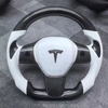 Real Carbon Fiber Steering Wheel for Tesla Model 3 Y S X with White Leather Airbag Cover