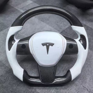 Real Carbon Fiber Steering Wheel for Tesla Model 3 Y S X with White Leather Airbag Cover