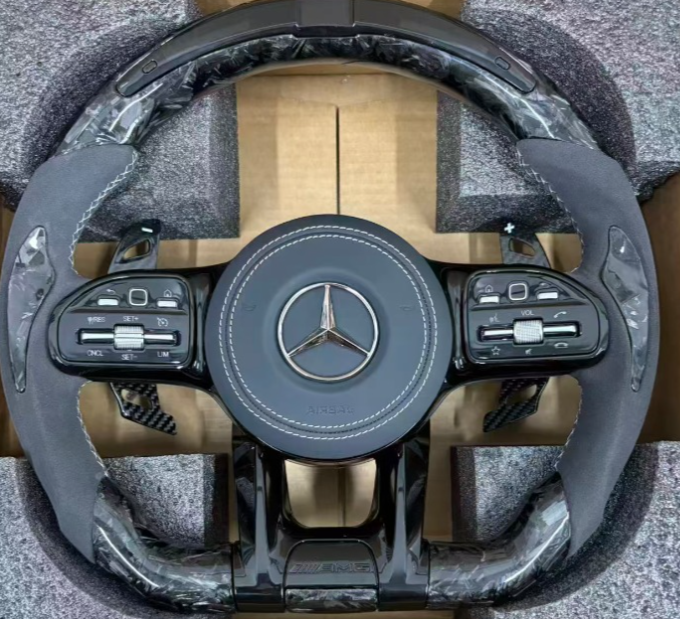 Gloss Carbon Mercedes E63 AMG Racing Steering Wheel Mercedes A B C S Class Custom Carbon Fiber Steering Wheel with LED Shift Lights