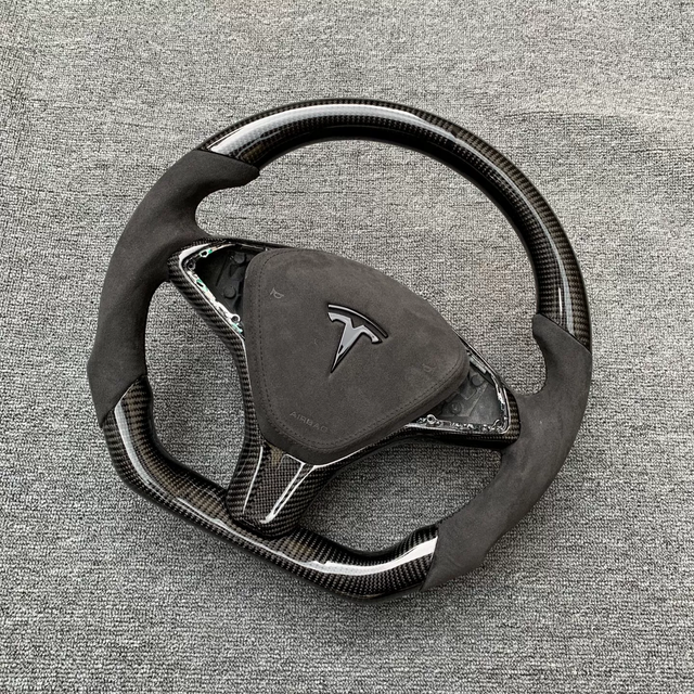 Tesla custom real carbon fiber steering wheel glossy carbon fiber spliced with Alcantara Tesla Model X racing steering wheel