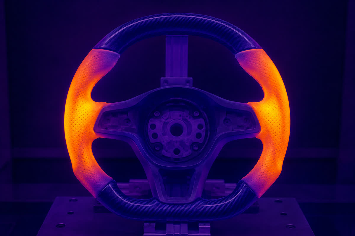 Thermal-camera view of a custom BMW-style carbon steering wheel with evenly heated left and right grip zones.